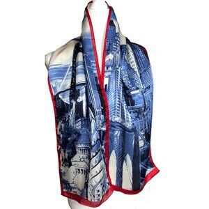 Elaine Gold Silk Scarf NY Scape Blue Red Art to Wear Women Unisex Accessories